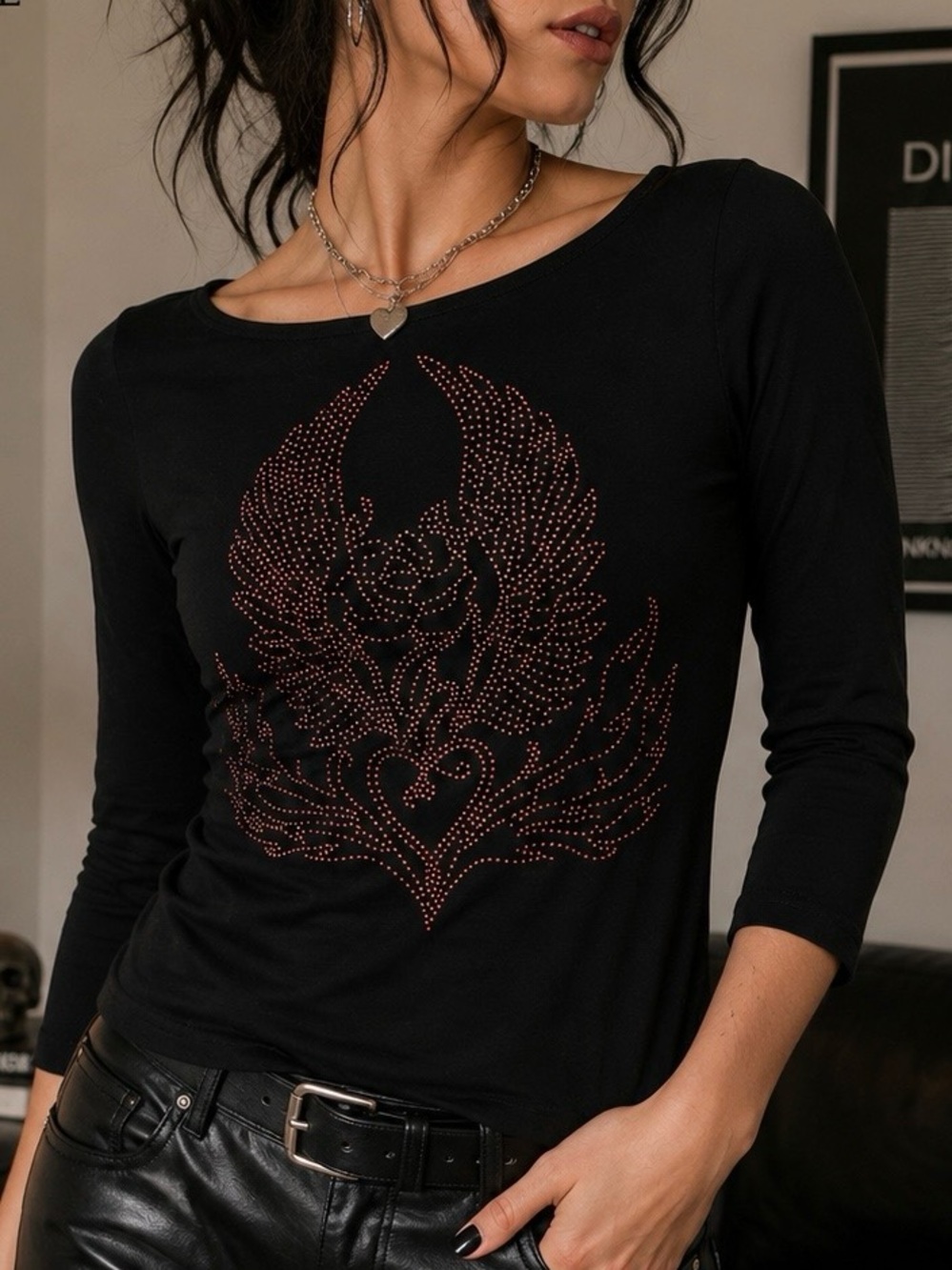 VMVR Made in France Nailhead Stud Winged Rose Top Black Y2K Goth Small